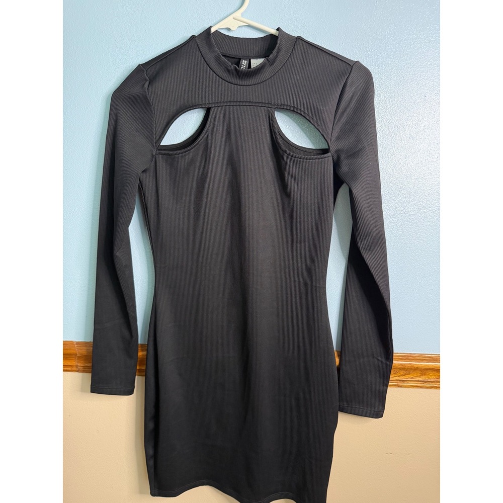 H&M Divided Black Ribbed Cutout Long Sleeve Mini Dress Small